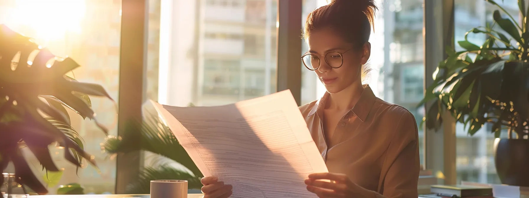 a composed office scene featuring a confident business professional reviewing comprehensive compliance documents, illuminated by soft natural light filtering through large windows, symbolizing the importance of regulatory adherence and cyber liability insurance in safeguarding consumer privacy.