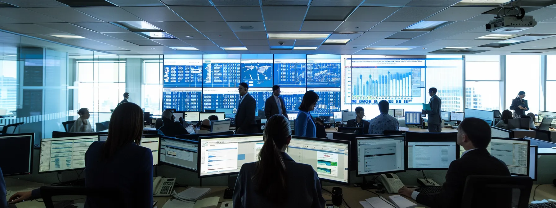 a dynamic office setting featuring a diverse group of professionals engaged in a strategic meeting, analyzing workers' compensation data on a large screen while surrounded by charts and policy documents, conveying a sense of proactive cost management in the insurance industry.