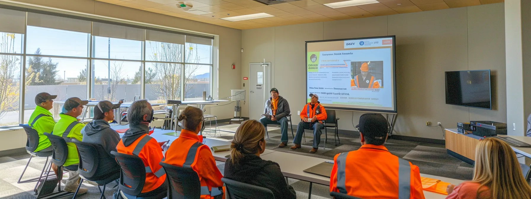 a dynamic workplace safety training session unfolds in a sunlit room, showcasing engaged employees attentively watching a safety presentation, with vibrant visuals of safety equipment and protocols displayed prominently in the background.