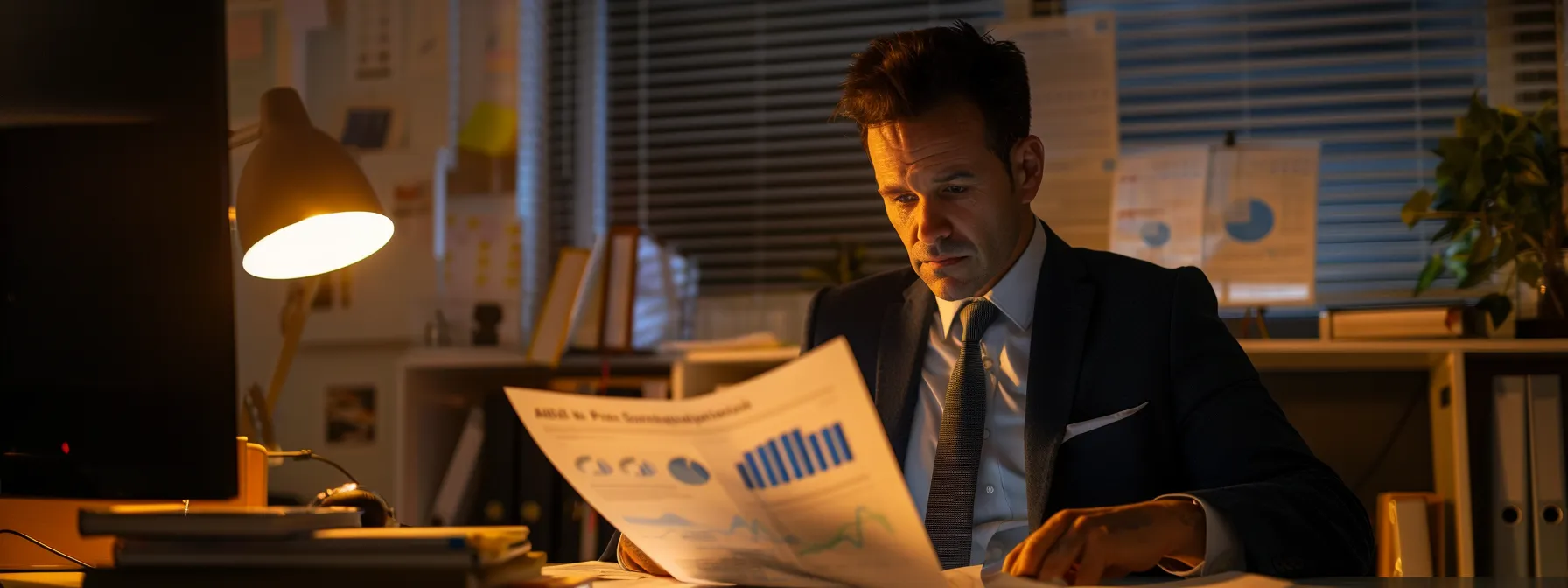 a focused, professional office scene showcasing a confident business consultant analyzing complex insurance policy documents under bright, crisp lighting, with a modern workspace backdrop featuring a sleek desk, computer, and charts depicting risk assessments.