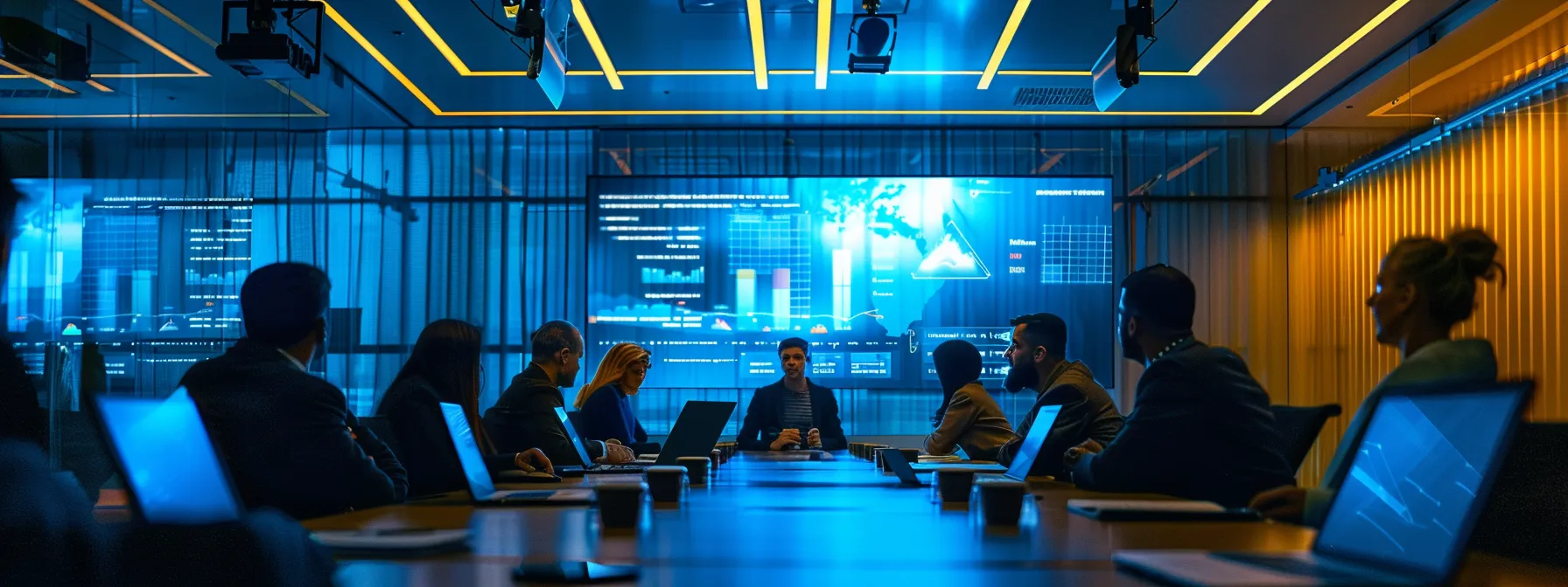 a modern office conference room is filled with professionals engaged in a serious discussion, illuminated by sleek overhead lighting while a large digital display highlights key statistics and graphs related to cyber incidents and risk management strategies in florida.