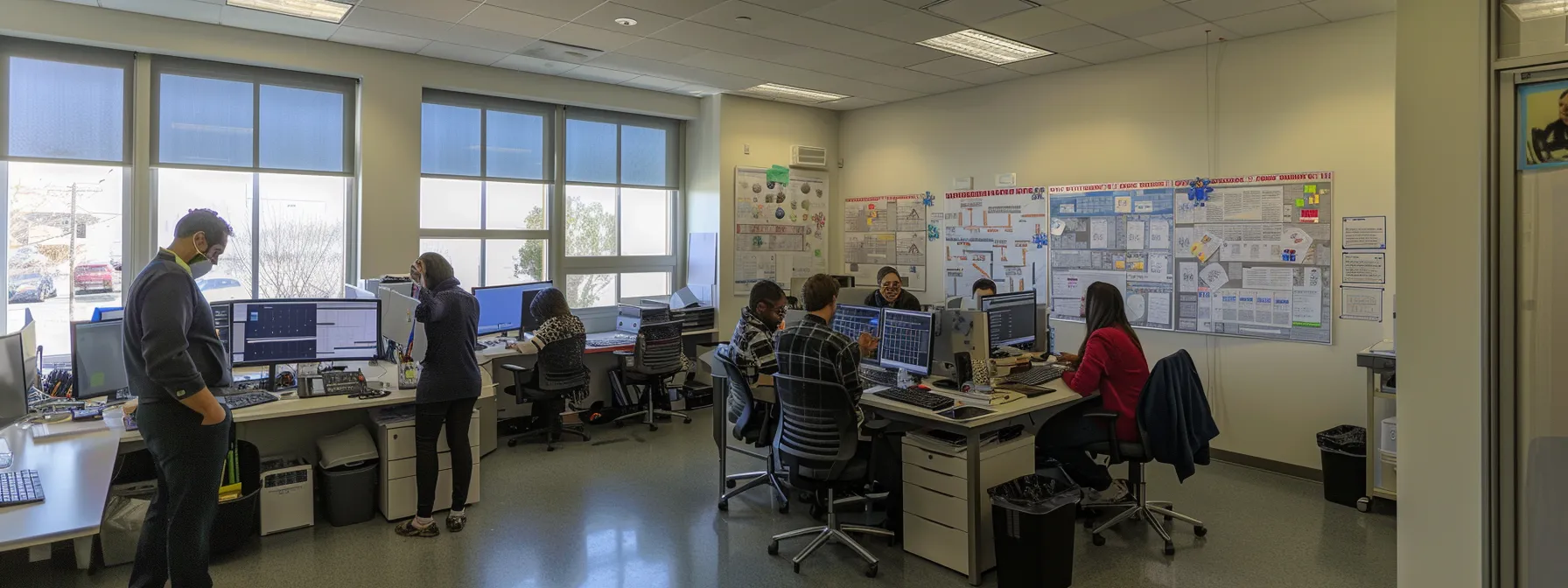 a modern office environment showcases a diverse group of professionals collaboratively reviewing a detailed report on workers' compensation compliance while surrounded by streamlined safety posters and data charts, emphasizing risk management and operational efficiency.