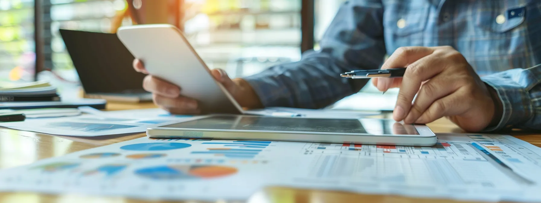 a modern office workspace features a thoughtful entrepreneur reviewing a detailed general liability insurance policy on a sleek tablet, surrounded by essential business documents and a polished desk, illustrating the protective role of insurance in safeguarding small enterprises.
