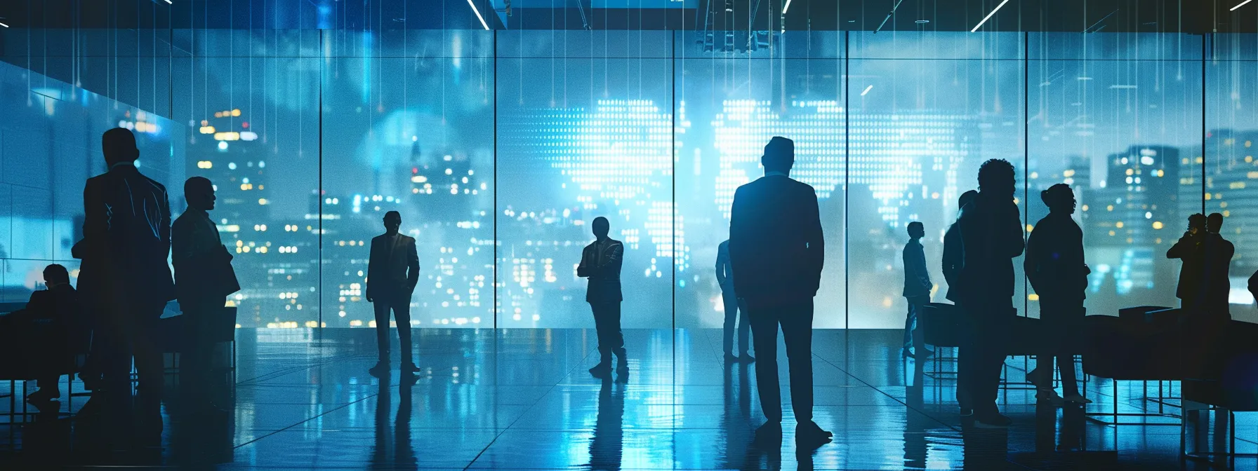 a modern, sleek office environment features a diverse group of professionals engaged in dynamic discussions around a digital display showcasing trends in workers' compensation insurance, highlighting technological innovations and legislative changes that are reshaping the industry's future.