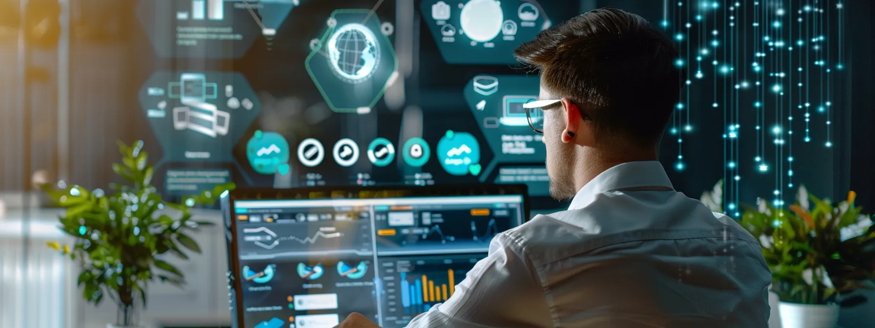 a professional consultant analyzes data protection protocols in a modern office, surrounded by digital graphs and security icons, symbolizing the critical evaluation of cyber liability insurance for florida businesses.