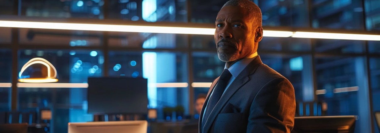 a professional office scene featuring a thoughtful business consultant in a sharp suit, reviewing a portfolio of professional liability insurance plans against a backdrop of sleek modern furniture and an organized desk, illuminated by soft artificial lighting that emphasizes the importance of business security.