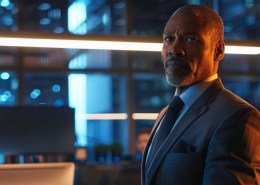 a professional office scene featuring a thoughtful business consultant in a sharp suit, reviewing a portfolio of professional liability insurance plans against a backdrop of sleek modern furniture and an organized desk, illuminated by soft artificial lighting that emphasizes the importance of business security.