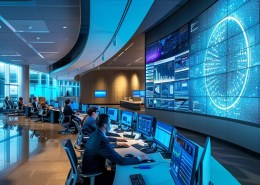 a sleek, modern office conference room filled with professionals engaged in a dynamic discussion, surrounded by vibrant charts and digital displays illustrating the importance and complexities of commercial package insurance for businesses.