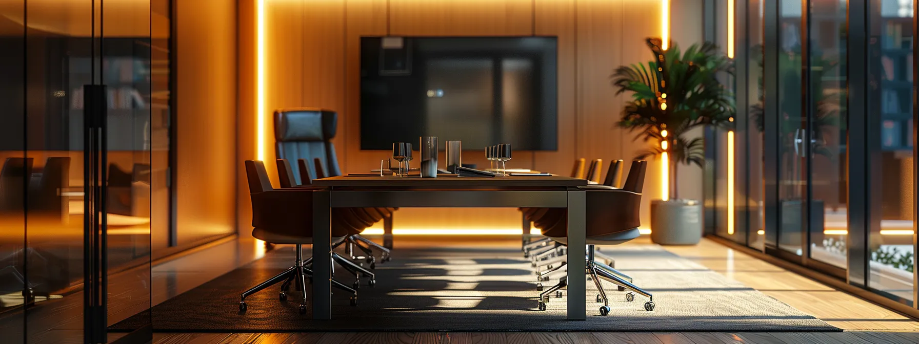 a sleek, modern office conference room with a large table, where diverse business owners engaged in a dynamic discussion about commercial package insurance, illustrated by a digital presentation showcasing real estate case studies and testimonials.