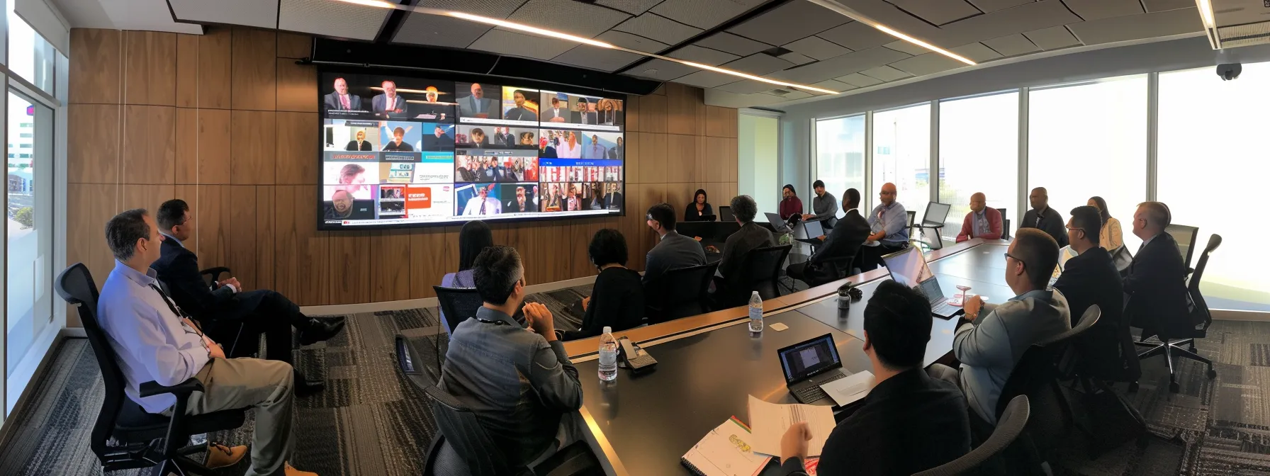 a sleek, modern office conference room filled with diverse professionals engaged in a focused discussion around a digital presentation detailing the critical role of professional liability insurance across various industries, highlighting case studies on a large screen.