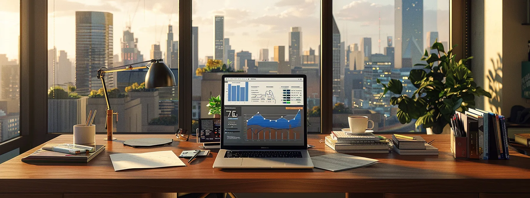 a sleek, modern office desk displays an open laptop showing a dynamic infographic on homeowners insurance savings, alongside neatly organized paperwork and a coffee cup, all set against a backdrop of city skyline through a large window.