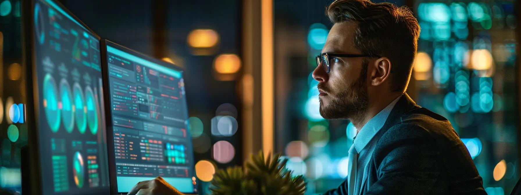 a sleek, modern office environment illuminated by soft, natural light, showcasing a confident business professional reviewing digital security measures on a high-tech monitor, symbolizing the vital importance of comprehensive cyber insurance for florida businesses.