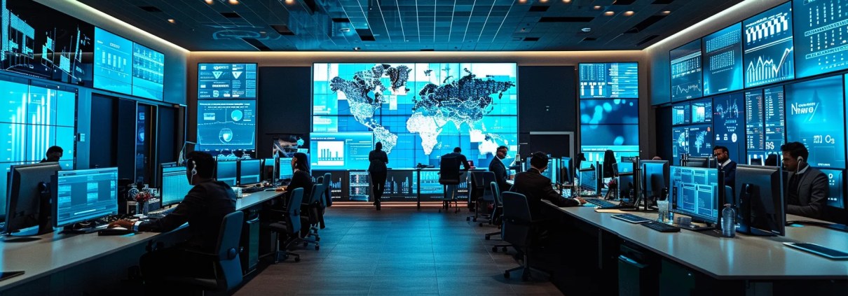 a sleek, modern office filled with professional individuals discussing insurance strategies, while a digital display showcases dynamic graphs and images of commercial vehicles, emphasizing the importance of auto insurance for business fleets in florida.