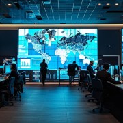 a sleek, modern office filled with professional individuals discussing insurance strategies, while a digital display showcases dynamic graphs and images of commercial vehicles, emphasizing the importance of auto insurance for business fleets in florida.