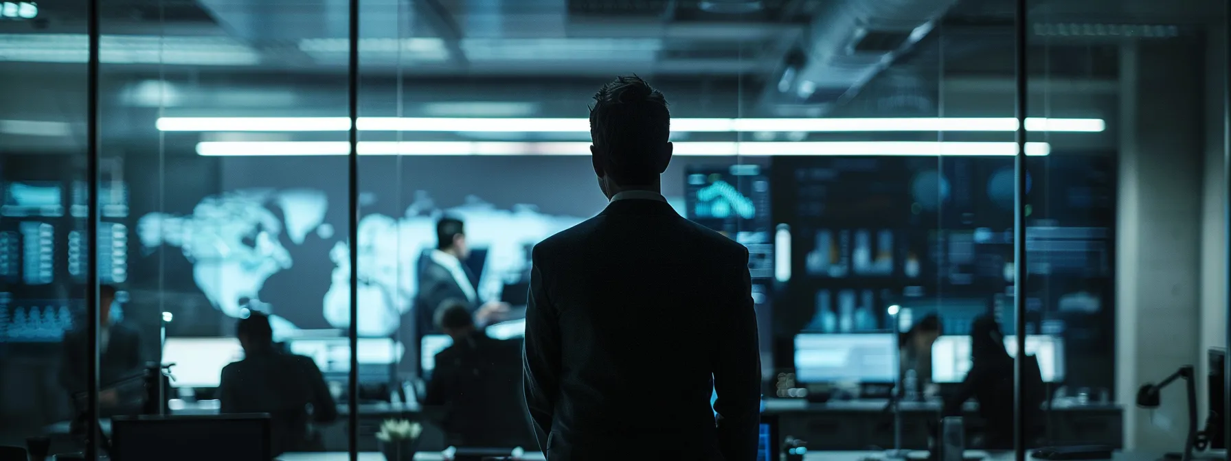 a sleek, modern office filled with professionals engaged in a cybersecurity training session, highlighted by dynamic digital displays illustrating risk management strategies and insurance concepts, exuding a sense of collaboration and urgency in a high-tech environment.