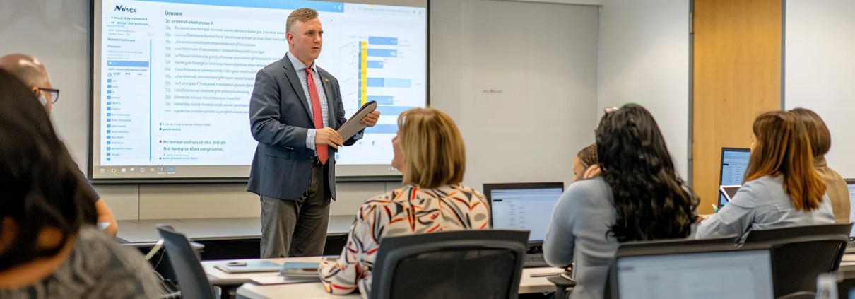 a sleek modern office setting features a confident insurance agent discussing umbrella insurance with a diverse group of clients, highlighted by a large screen displaying crucial statistics and benefits.