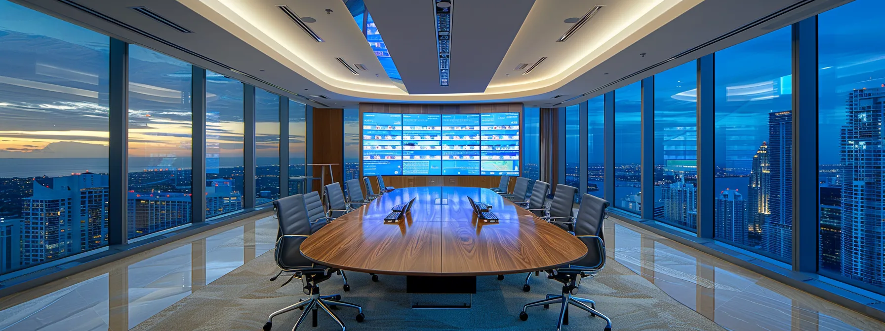 a sleek, modern office setting with professionals engaging in a dynamic discussion around a large table, surrounded by digital displays showing fluctuating homeowners insurance statistics, reflecting the evolving landscape of florida's insurance trends.