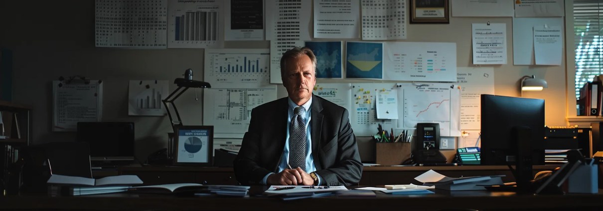 a sleek, modern office setting features a professional sitting at a desk covered with documents and charts about homeowners insurance, illuminated by warm fluorescent lighting that highlights the seriousness of ensuring financial security in florida.