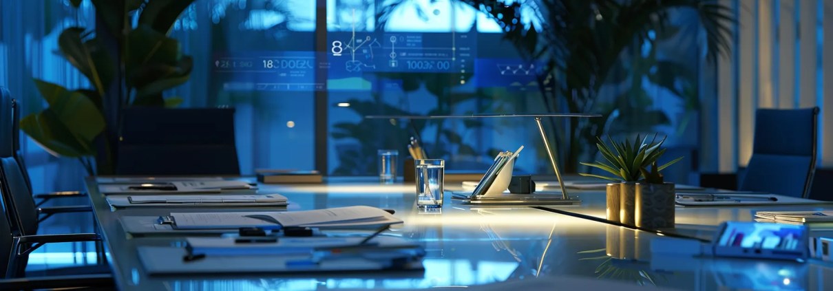 a sleek, modern office space features a large conference table strewn with documentation and digital devices displaying flood risk maps and insurance policies, highlighting the urgent conversation about flood insurance coverage in florida.