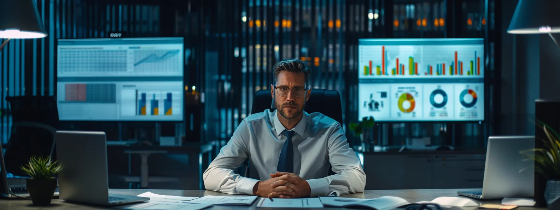 a sleek, modern office space features a confident insurance agent sitting at a polished desk, surrounded by informative brochures on flood insurance, with a backdrop of flowing data charts on screens highlighting risk analysis and claim processes.