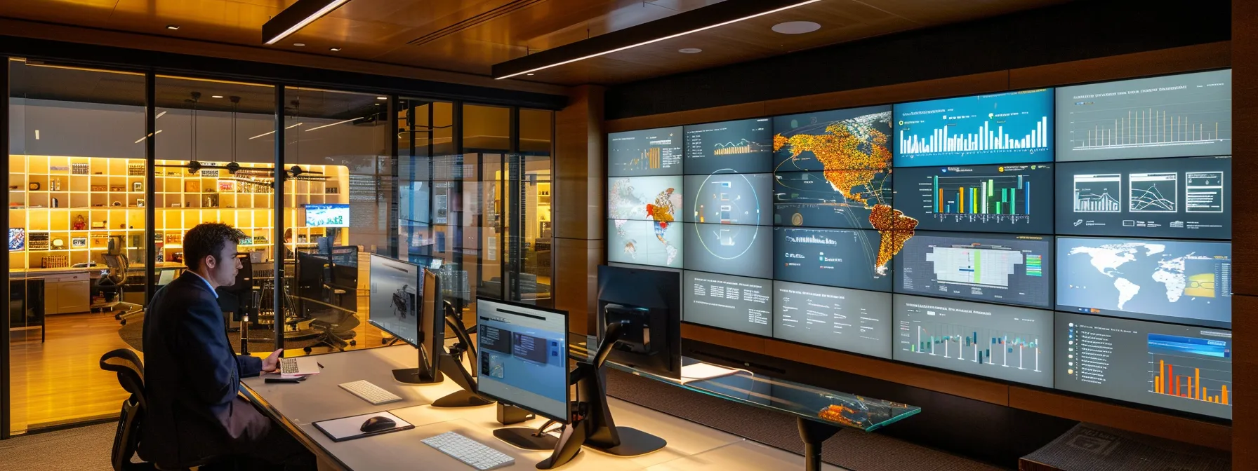 a sleek, modern office space features a confident business professional analyzing a digital risk management dashboard on a high-tech monitor, surrounded by charts and graphs that illustrate the intricate balance of liabilities and competitive strategies in an evolving virtual landscape.