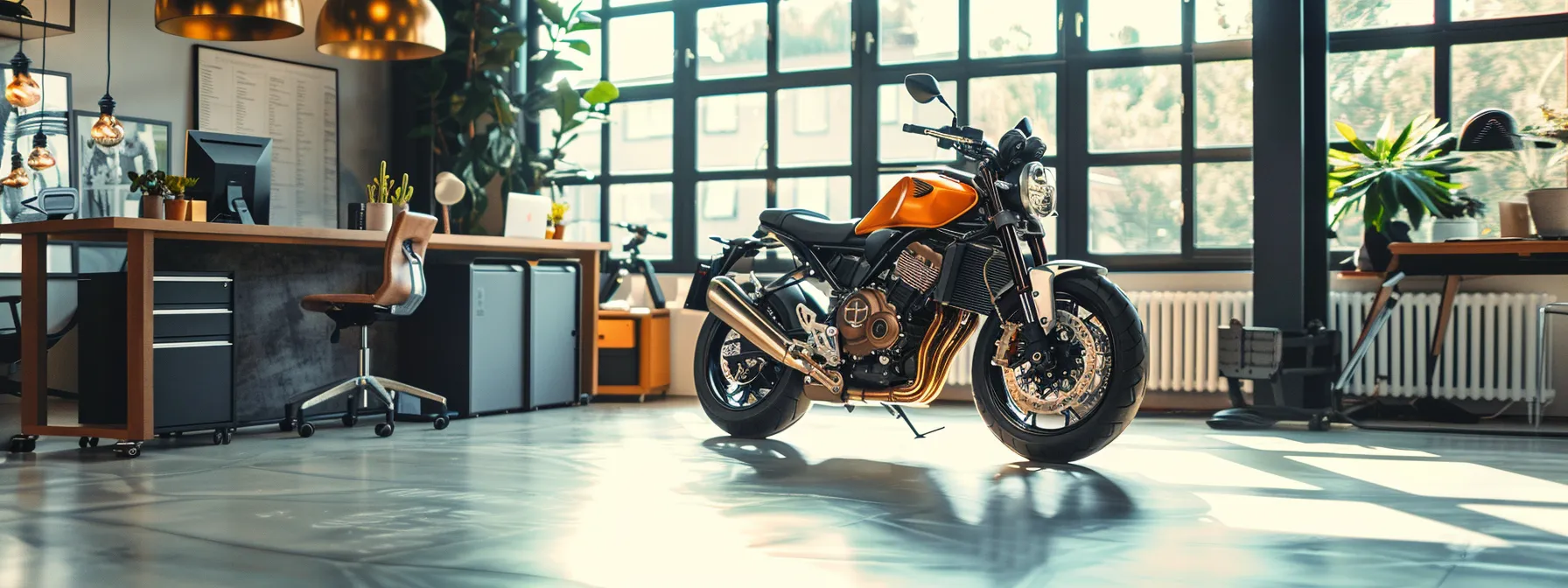 a sleek motorcycle parked in a modern office setting, with an empty insurance consultation desk in the background, featuring visual elements like rider safety gear and informational brochures about tailored coverage options.