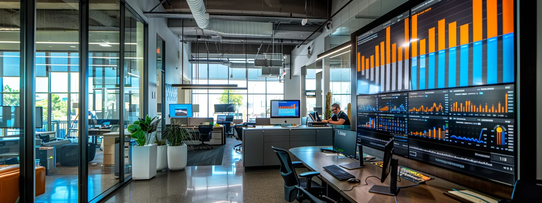 a sleek office environment features a focused professional engaging on a computer, surrounded by modern charts and digital displays about commercial auto insurance policies and guidelines, emphasizing strategic insights for florida businesses.
