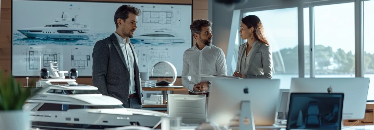 a sleek office setting showcases a confident insurance agent discussing comprehensive boat insurance policies with a couple, surrounded by detailed blueprints of various boats and marine equipment, highlighting the importance of coverage for every boater in florida.
