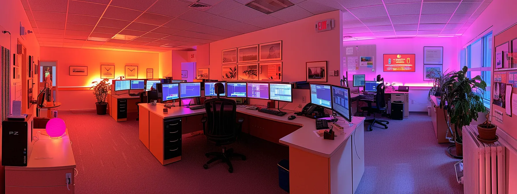 a vibrant, modern office space filled with digital displays showcasing resources and tools for florida employers, highlighting effective safety programs and streamlined claims management with a warm, inviting glow from soft natural light.