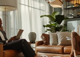 an elegant, modern office setting features a confident insurance agent engaging with a satisfied client over a digital tablet, illustrating the importance of securing florida renters insurance amidst sleek furnishings and a professional atmosphere.