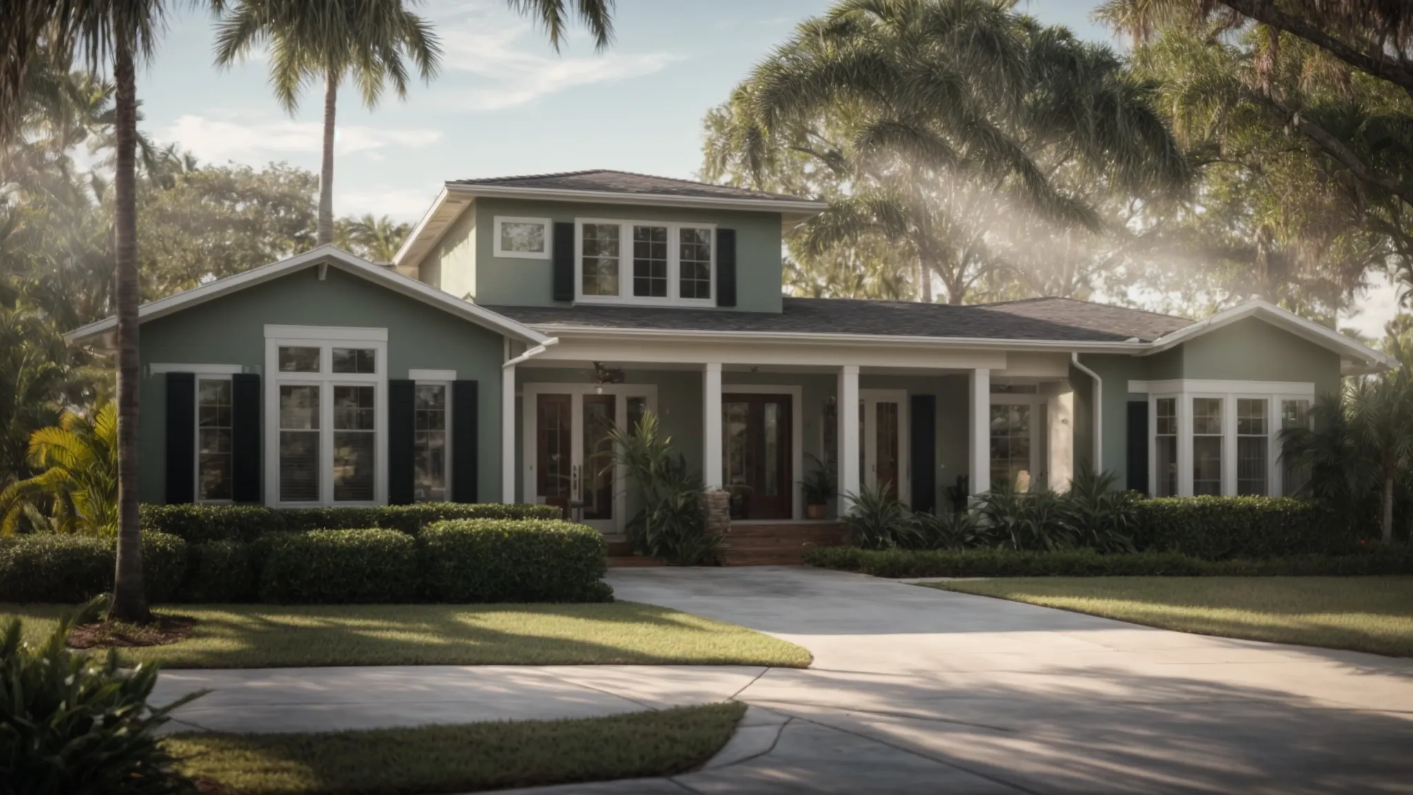 a beautifully composed image of a serene florida home with subtle signs of wear and localized flooding, emphasizing the contrast between the idyllic surroundings and the potential exclusions in homeowners insurance policies.
