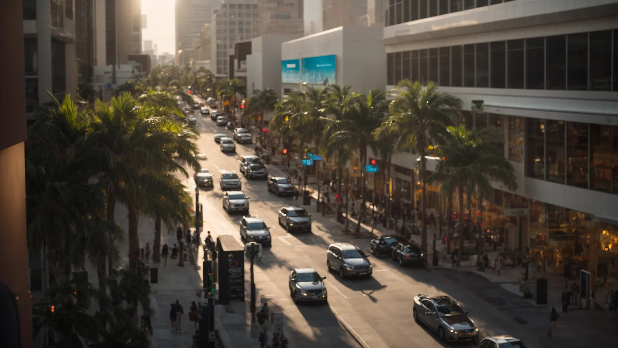 a bustling florida business district showcases diverse enterprises, with an emphasis on insurance professionals analyzing data on large screens, surrounded by vibrant storefronts and vehicles, under bright sunlight, encapsulating the theme of liability insurance in a dynamic marketplace.