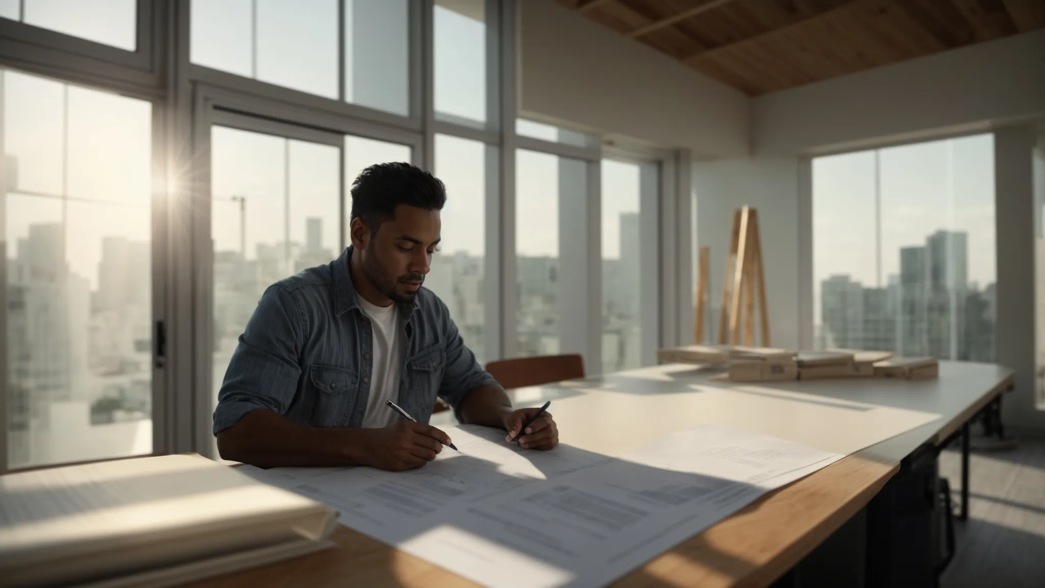 a clear and focused image of a florida contractor thoughtfully reviewing a general liability insurance policy, surrounded by tools of the trade and a backdrop of construction plans, illuminated by natural daylight filtering through an open window.