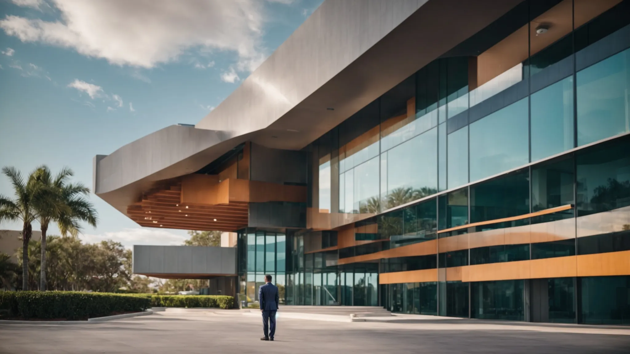 a confident business owner stands in front of a modern office building, surrounded by a vibrant florida landscape, symbolizing the peace of mind and security offered by comprehensive business property insurance.