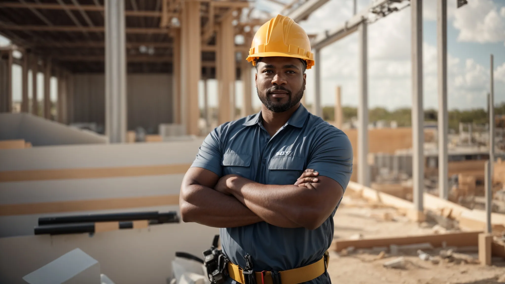 a confident contractor stands proudly amidst a construction site, surrounded by building materials and safety equipment under a bright florida sun, symbolizing the safeguarding power of general liability insurance in protecting business interests and reputation.
