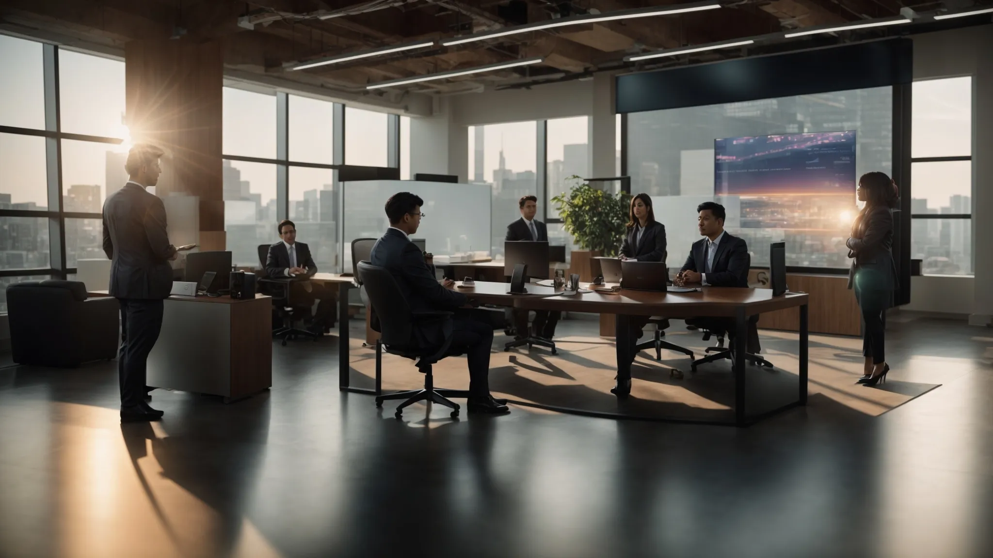 a dynamic office setting with a diverse group of professionals collaborating over a large digital display, showcasing comprehensive coverage requirements, illuminated by soft, natural light to convey a sense of transparency and teamwork in ensuring employee safety and compliance.