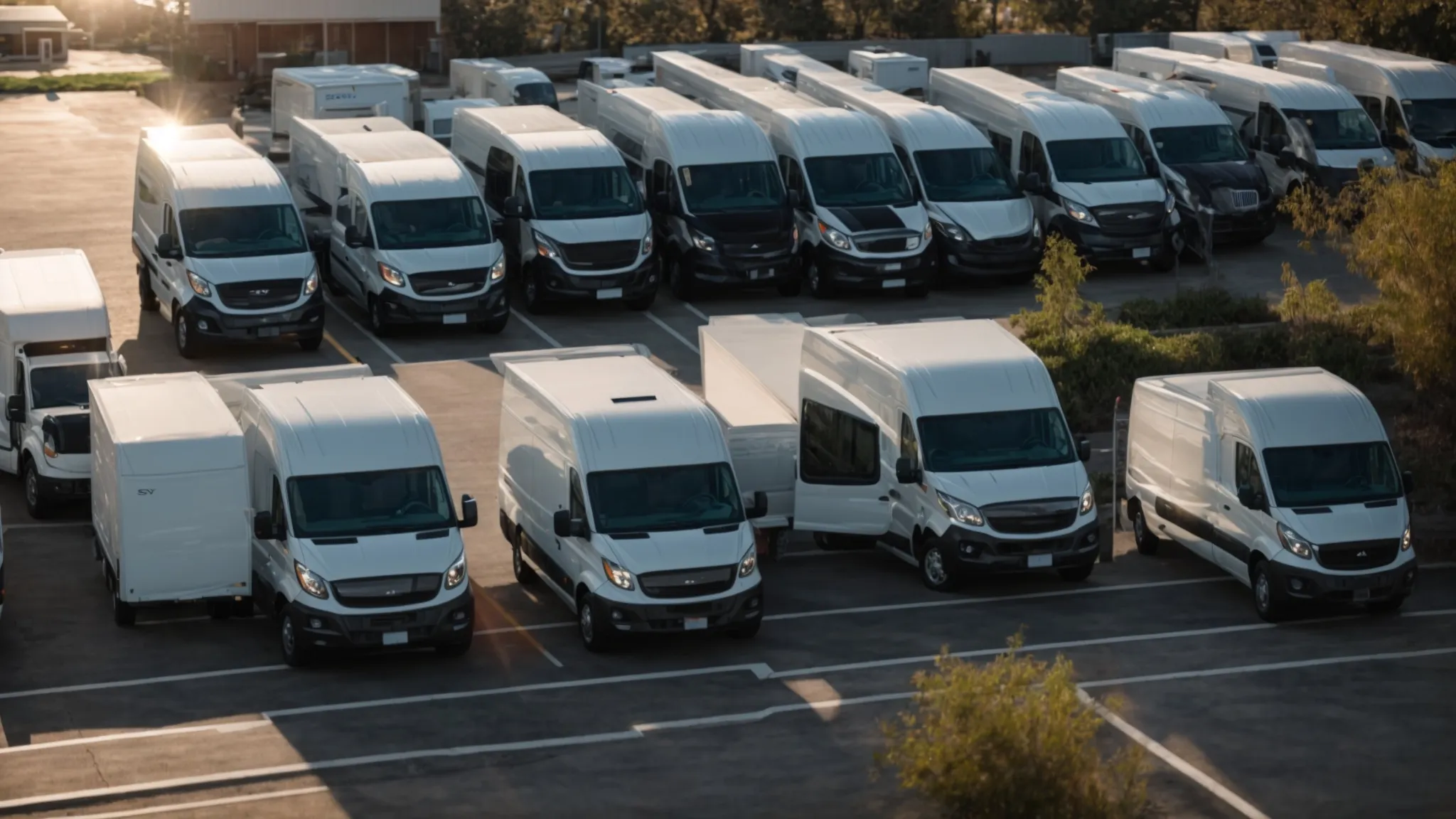 a fleet of well-maintained commercial vehicles parked in a sunlit lot, embodying the theme of smart risk management and cost-effective insurance solutions.
