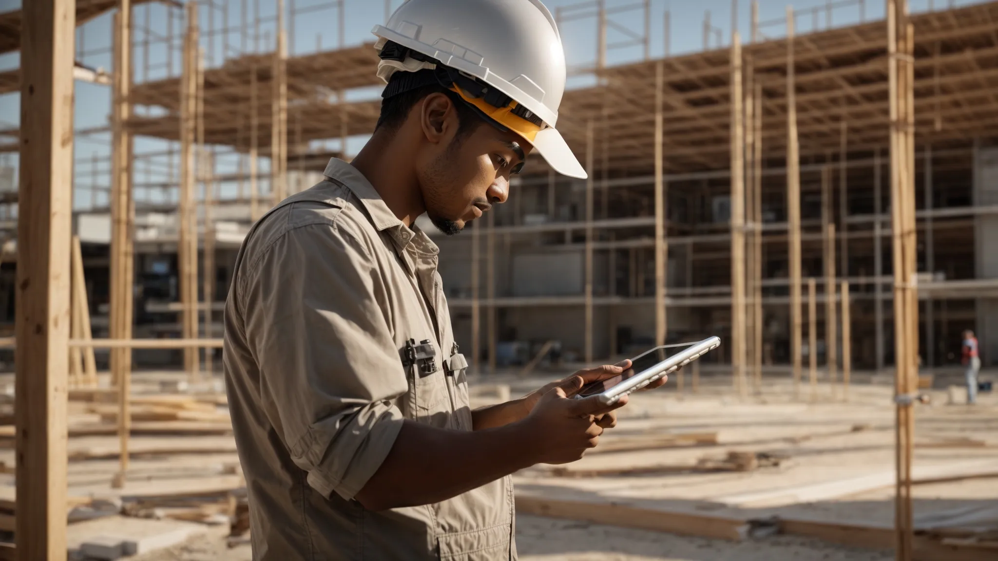 a florida contractor confidently reviews an insurance policy on a sleek tablet amidst a sunlit construction site, surrounded by scaffolding and building materials, symbolizing the importance of choosing the right general liability insurance to safeguard against potential risks.