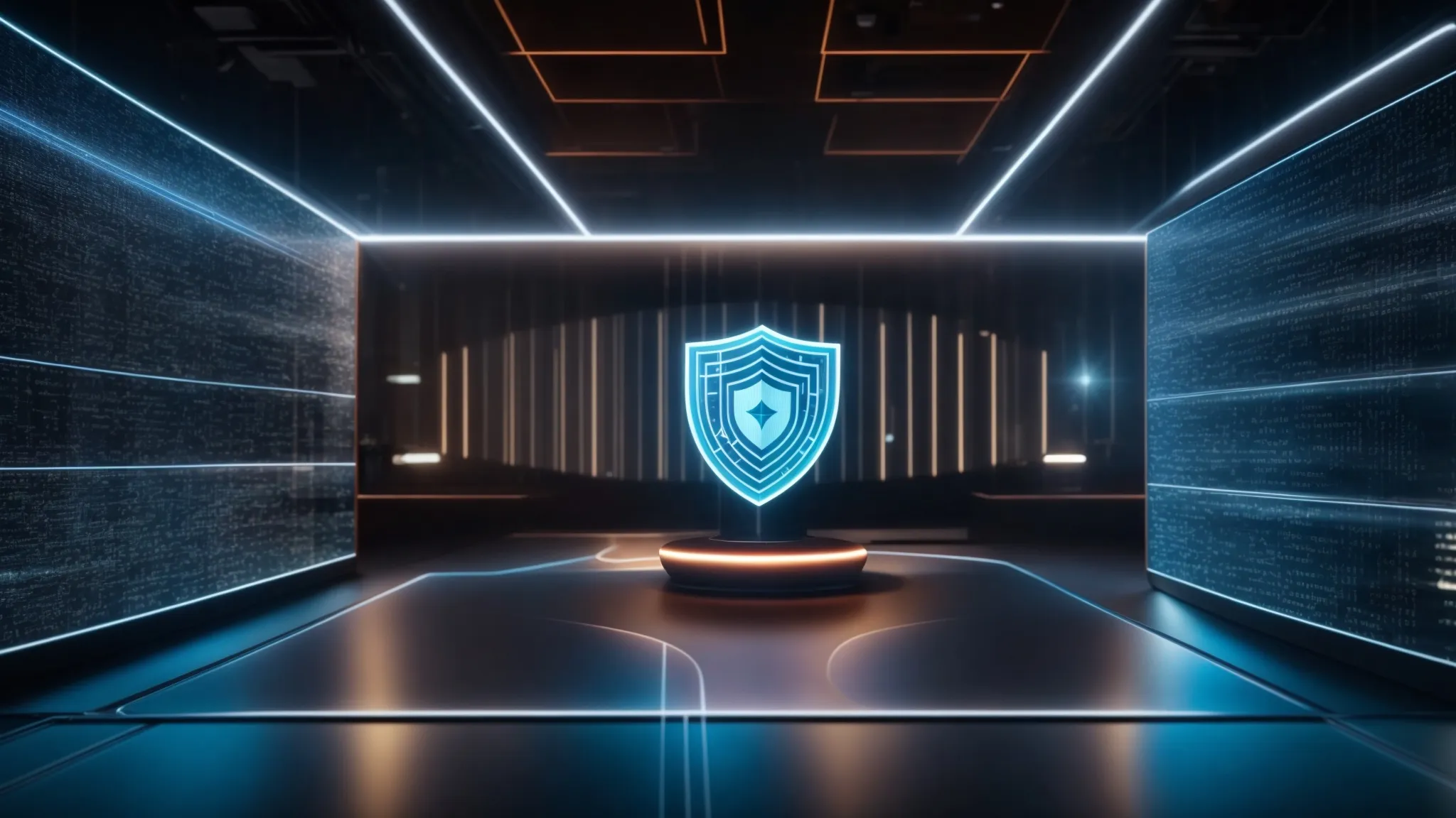 a powerful visualization of a secure digital environment, featuring a glowing shield symbolizing data protection set against a backdrop of interconnected networks, representing robust cybersecurity strategies and insurance protection.