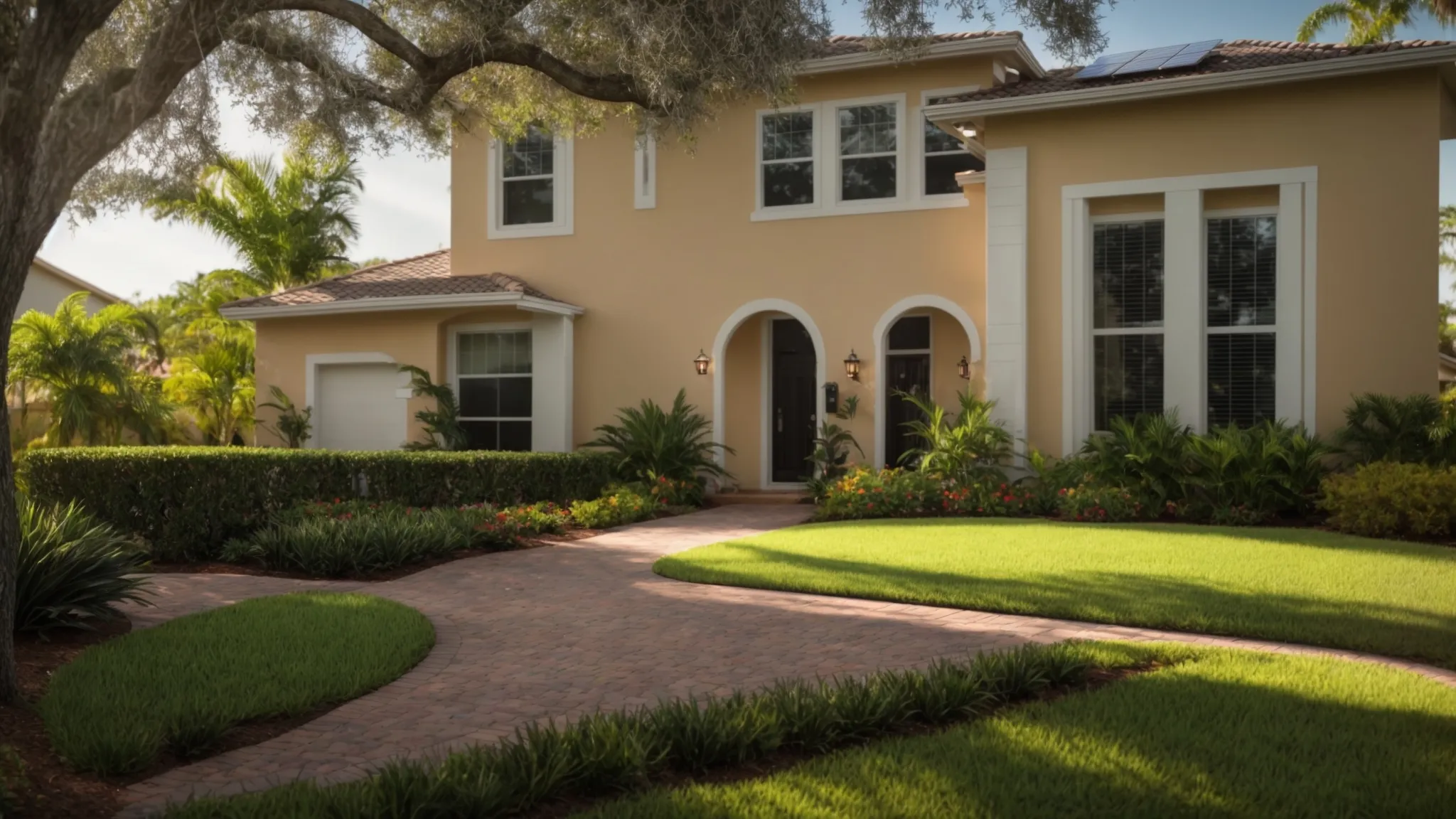 a serene florida home with a well-maintained lawn, featuring a visible security system and solar panels, symbolizing financial wisdom and proactive measures to reduce homeowners' insurance premiums under vibrant sunlight.