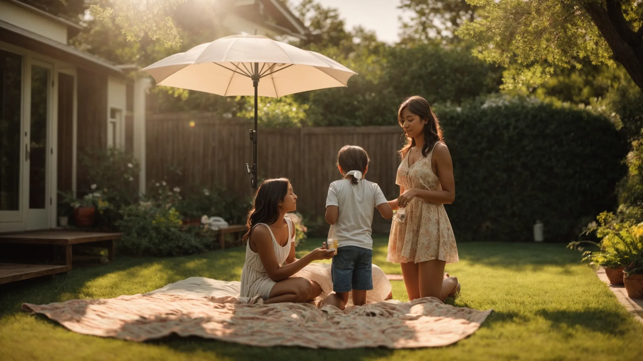 a serene outdoor scene captures a family enjoying a sunny day in their backyard, symbolizing the protection and peace of mind offered by personal umbrella insurance amidst potential risks and uncertainties.