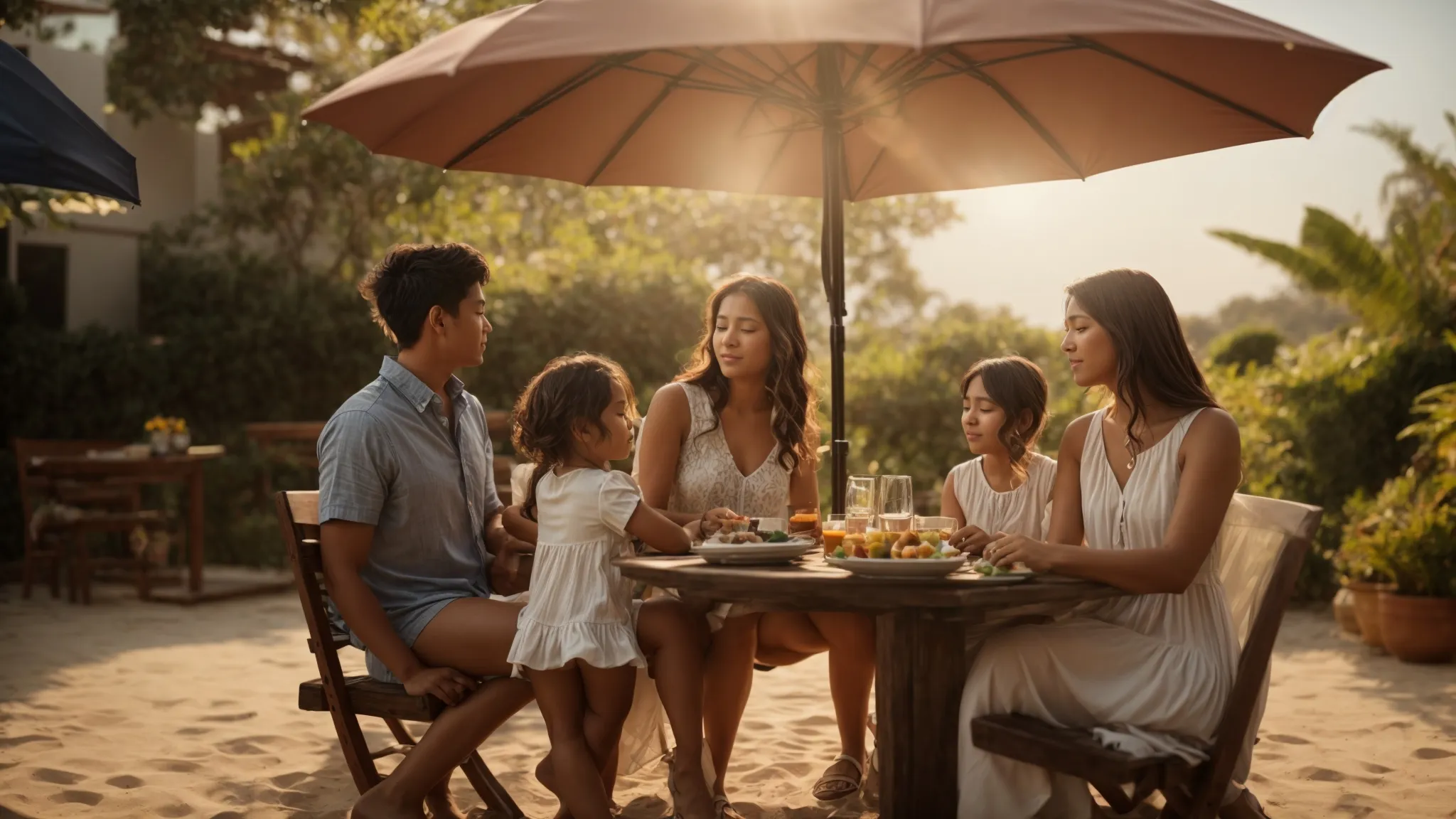 a serene outdoor setting features a family gathered under a large, protective umbrella, symbolizing the safety and security of personal umbrella insurance, with soft sunlight filtering through the canopy to create a warm and inviting atmosphere.
