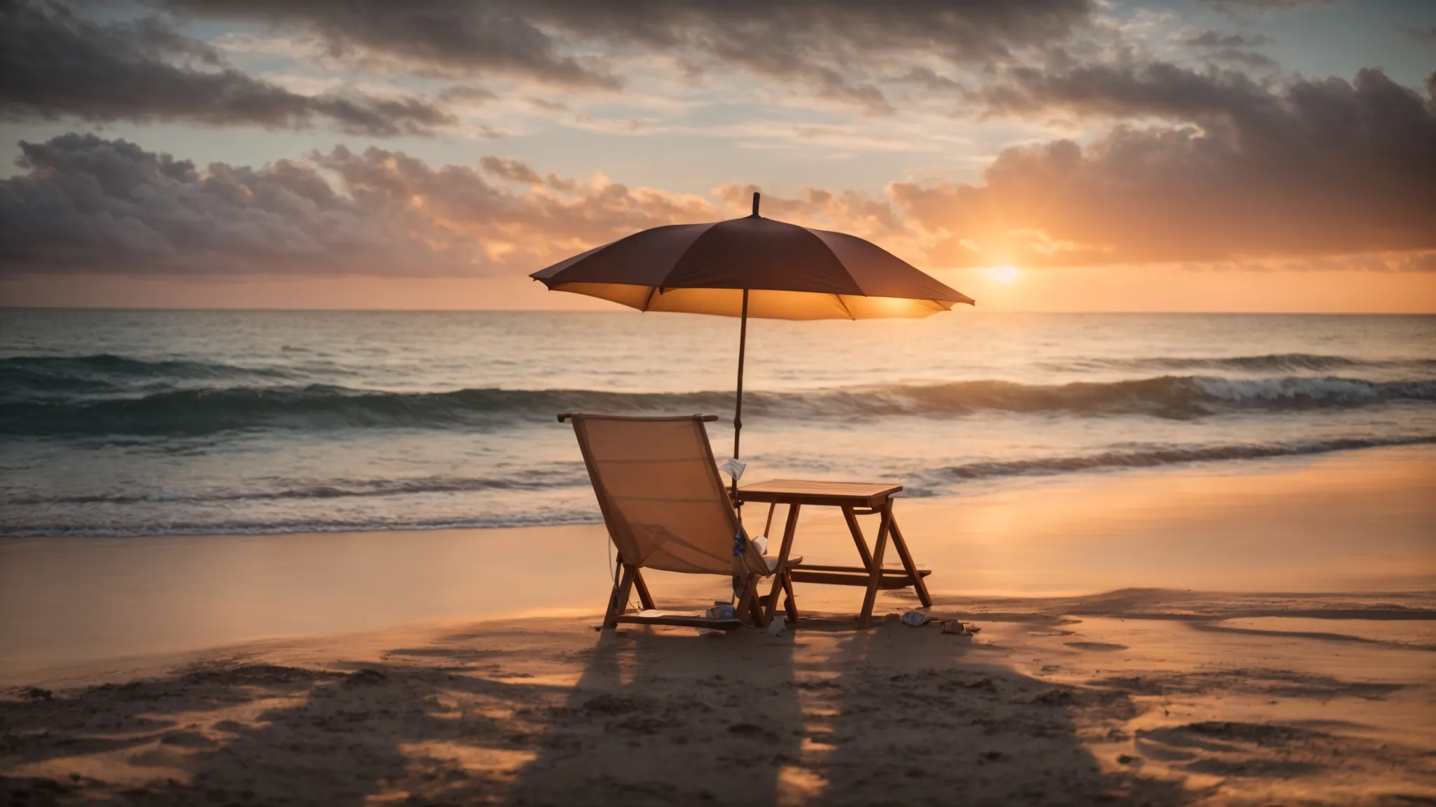 a serene yet powerful image of a florida coastline at sunset, symbolizing protection and peace of mind, with an umbrella sheltering a neatly arranged stack of important documents representing personal umbrella insurance claims.