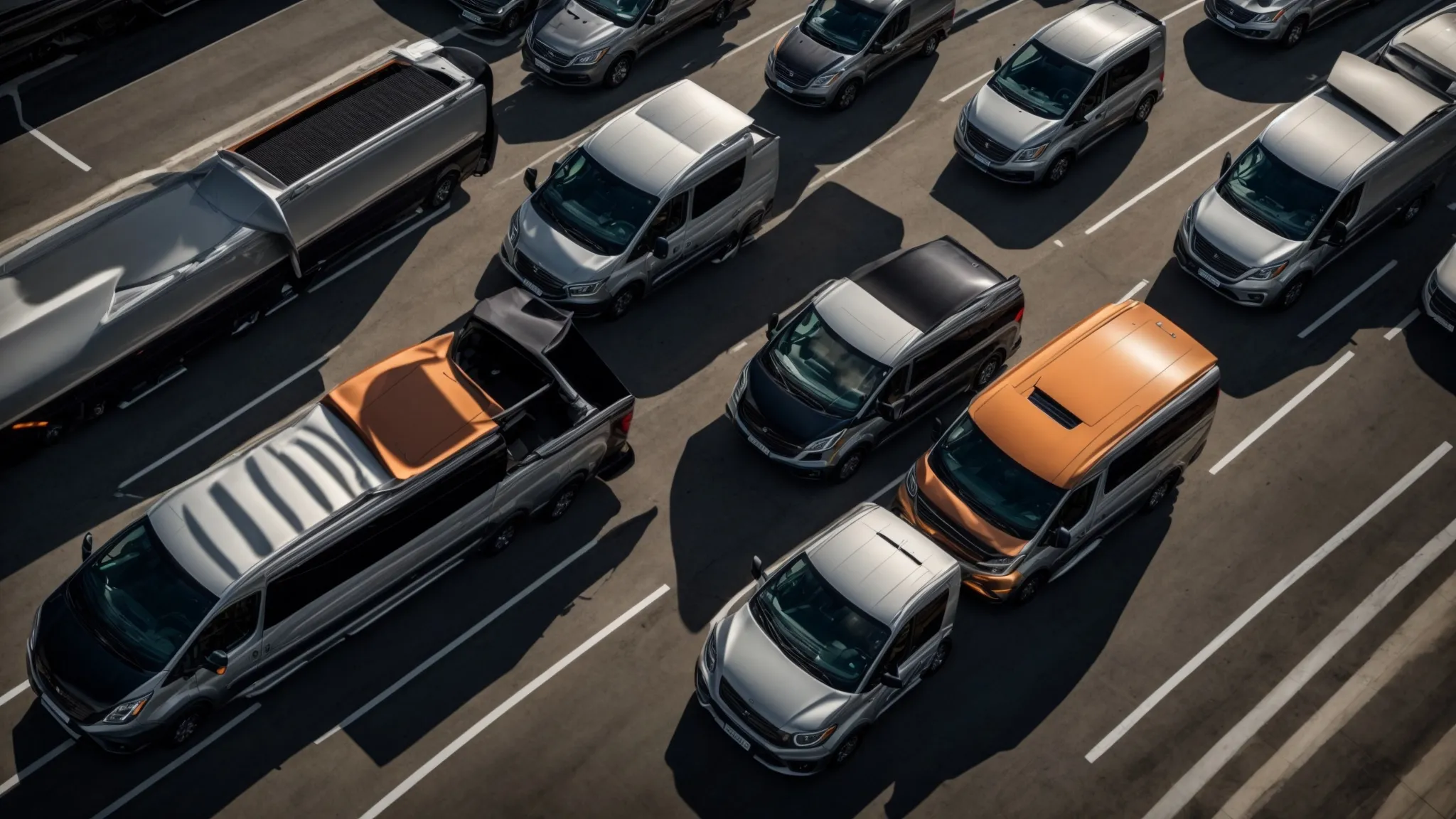a sleek, modern fleet of diverse commercial vehicles is parked in a sunlit lot, showcasing their robust safety features and reflecting the influence of driving records and geographic factors on insurance premiums.