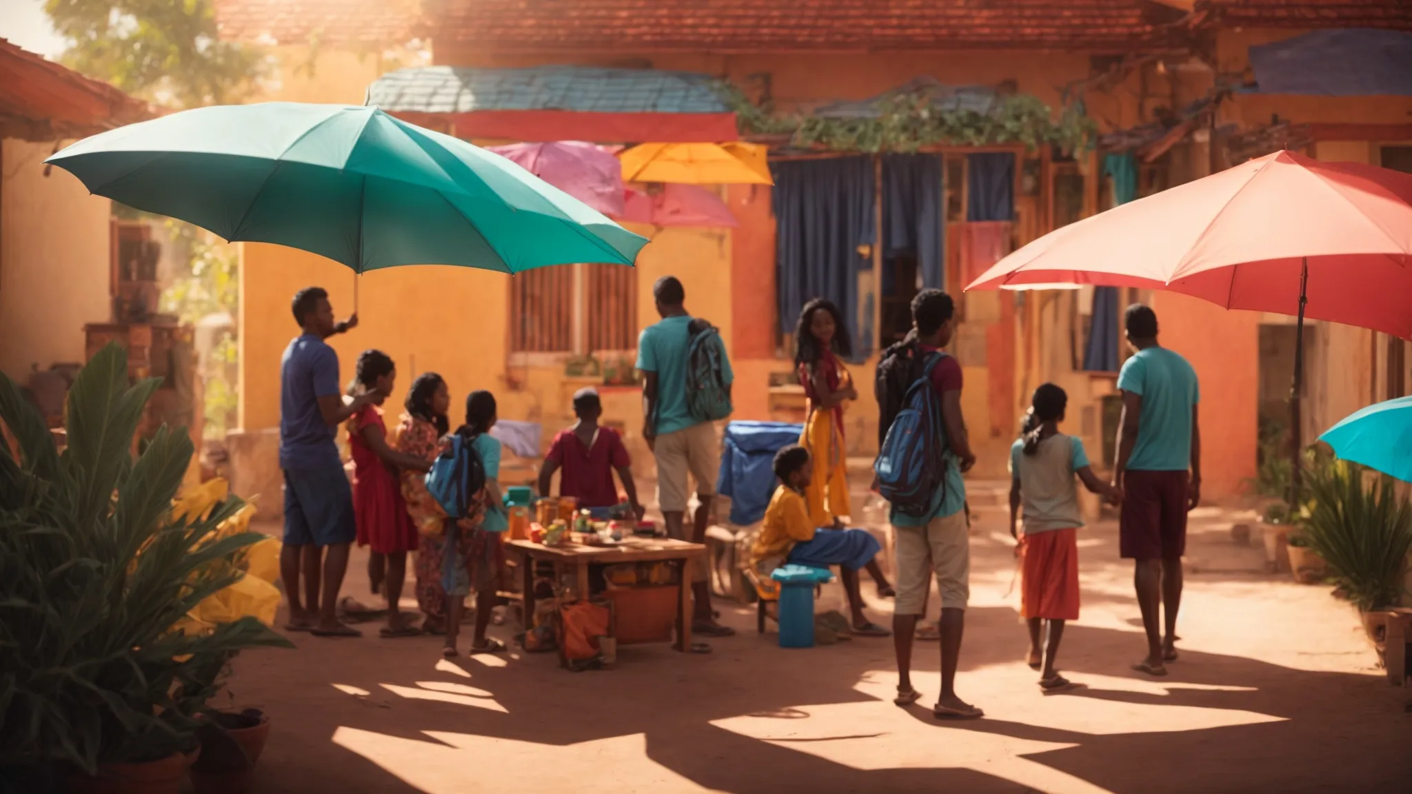 a vibrant, abstract representation of an umbrella casting a protective shadow over a diverse array of family members and possessions, symbolizing the comprehensive coverage and security offered by umbrella insurance.