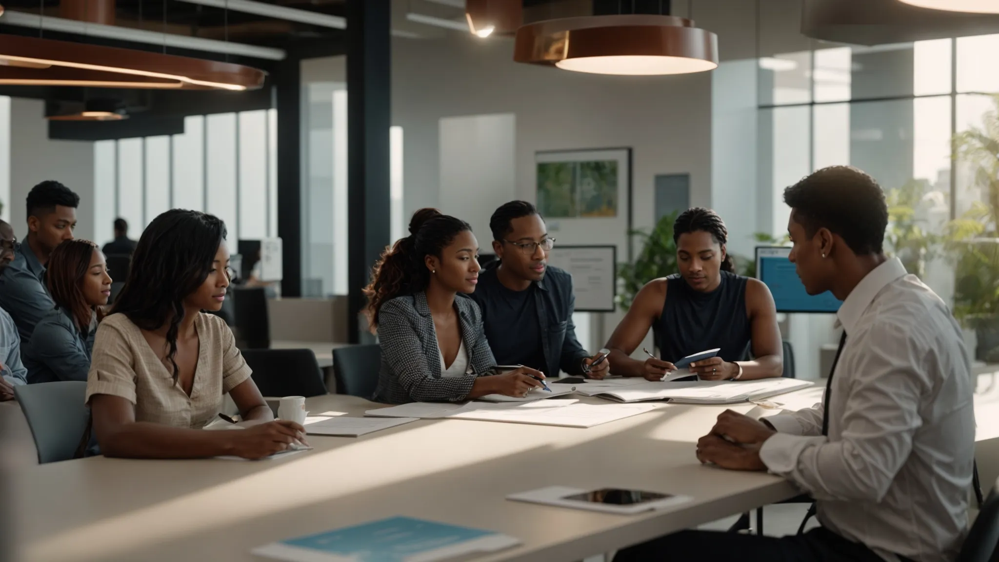 a vibrant scene capturing a diverse group of professionals engaged in a collaborative discussion over a table covered with insurance policy documents, emphasizing the importance of choosing the right liability insurance in a bright florida office environment.