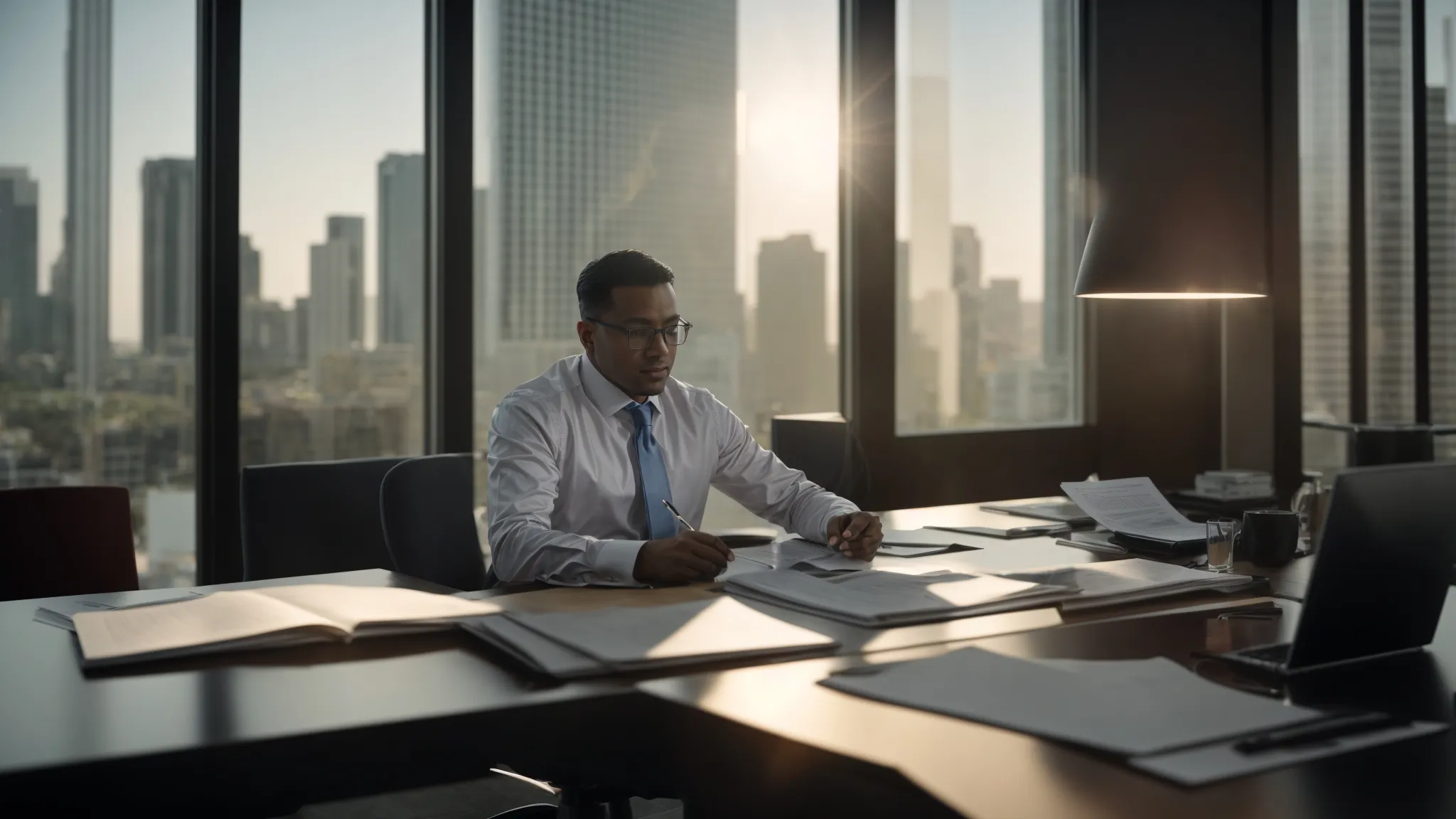 a visually striking image of a professional advisor in a sleek office surrounded by documents and charts, symbolizing the complexities of professional liability insurance in florida, illuminated by soft natural light filtering through large windows.